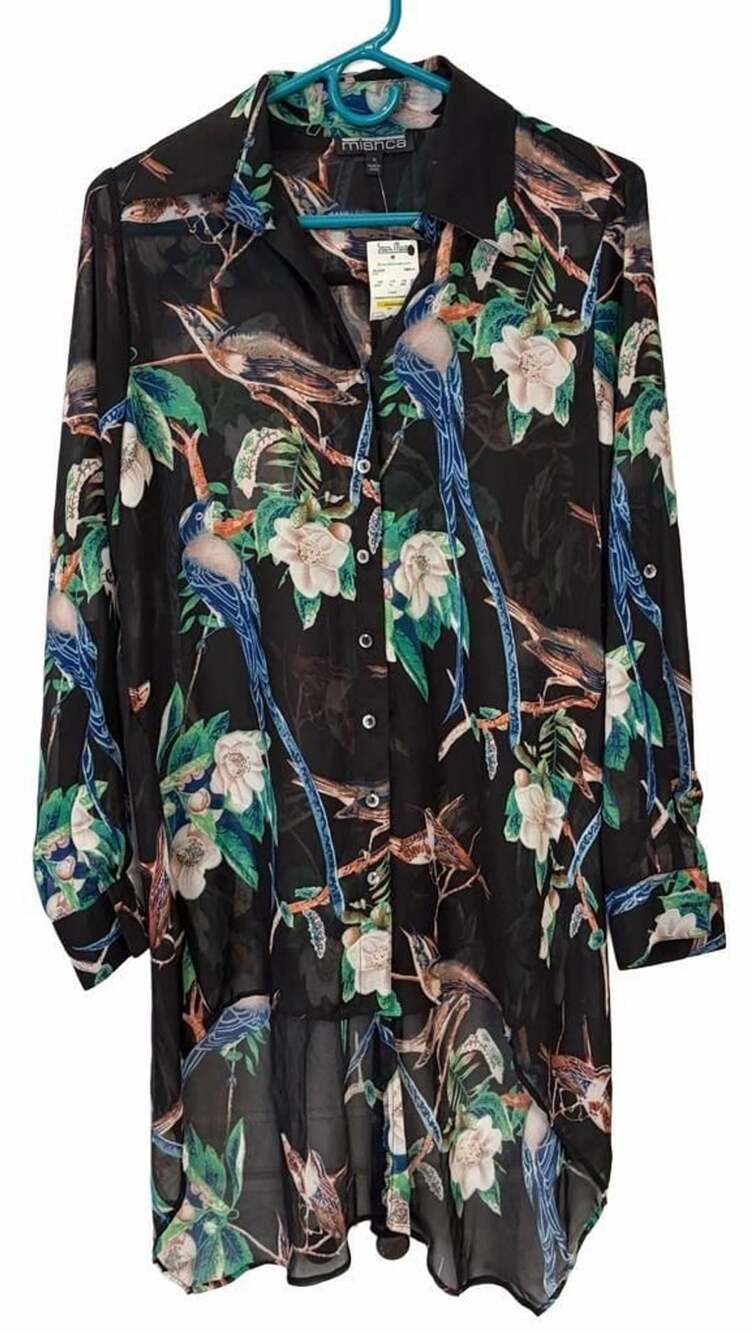 Mishca NWT Sheer Bird Floral Button Down Tunic Blouse Size S Black High Low
